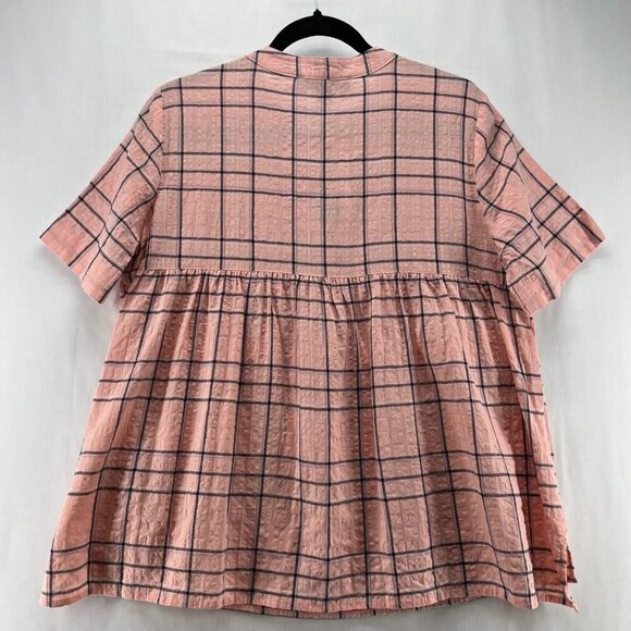 Gloria Vanderbilt Blouse Size M Seersucker Plaid Popover Short Sleeve Pink - Picture 2 of 11